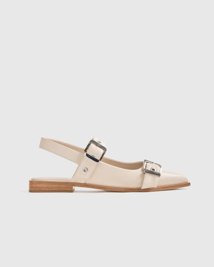 Italian Leather Bold Buckle Slingback Flat - 5 / Black
