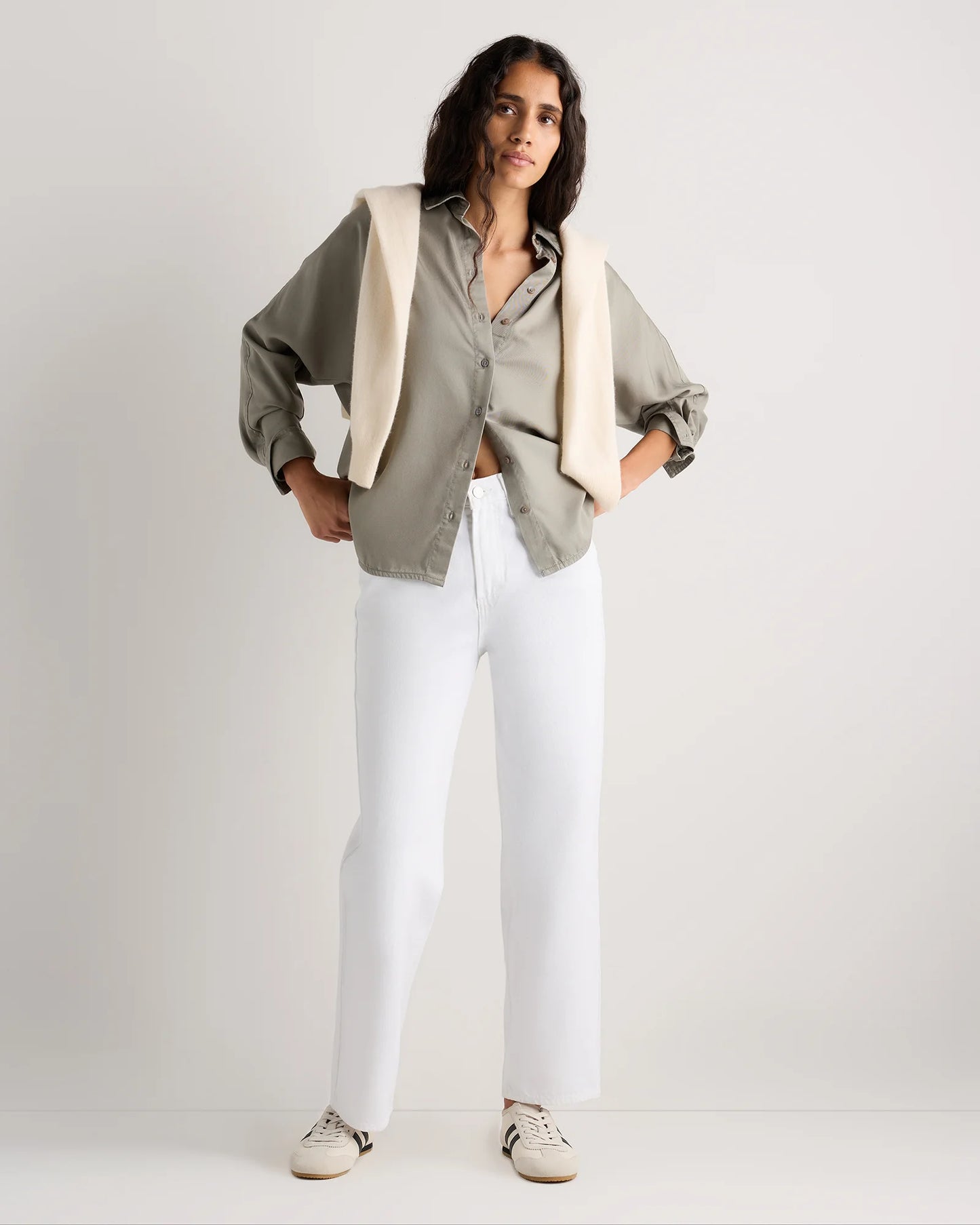 Vintage Wash Tencel Dolman Long Sleeve Shirt - XS / White