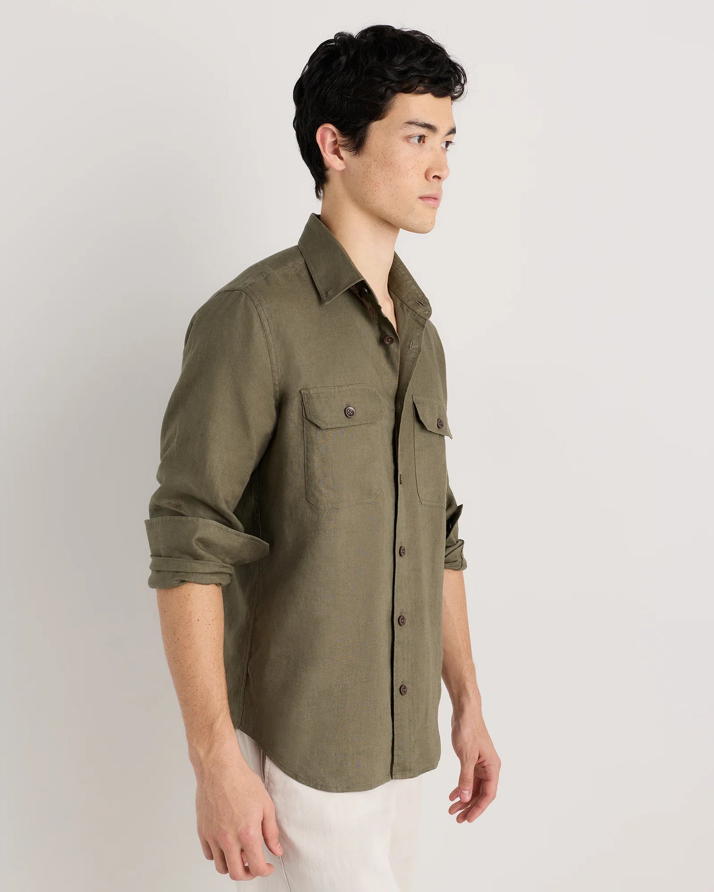 100% European Linen Utility Shirt - S / Taupe Brown Chambray