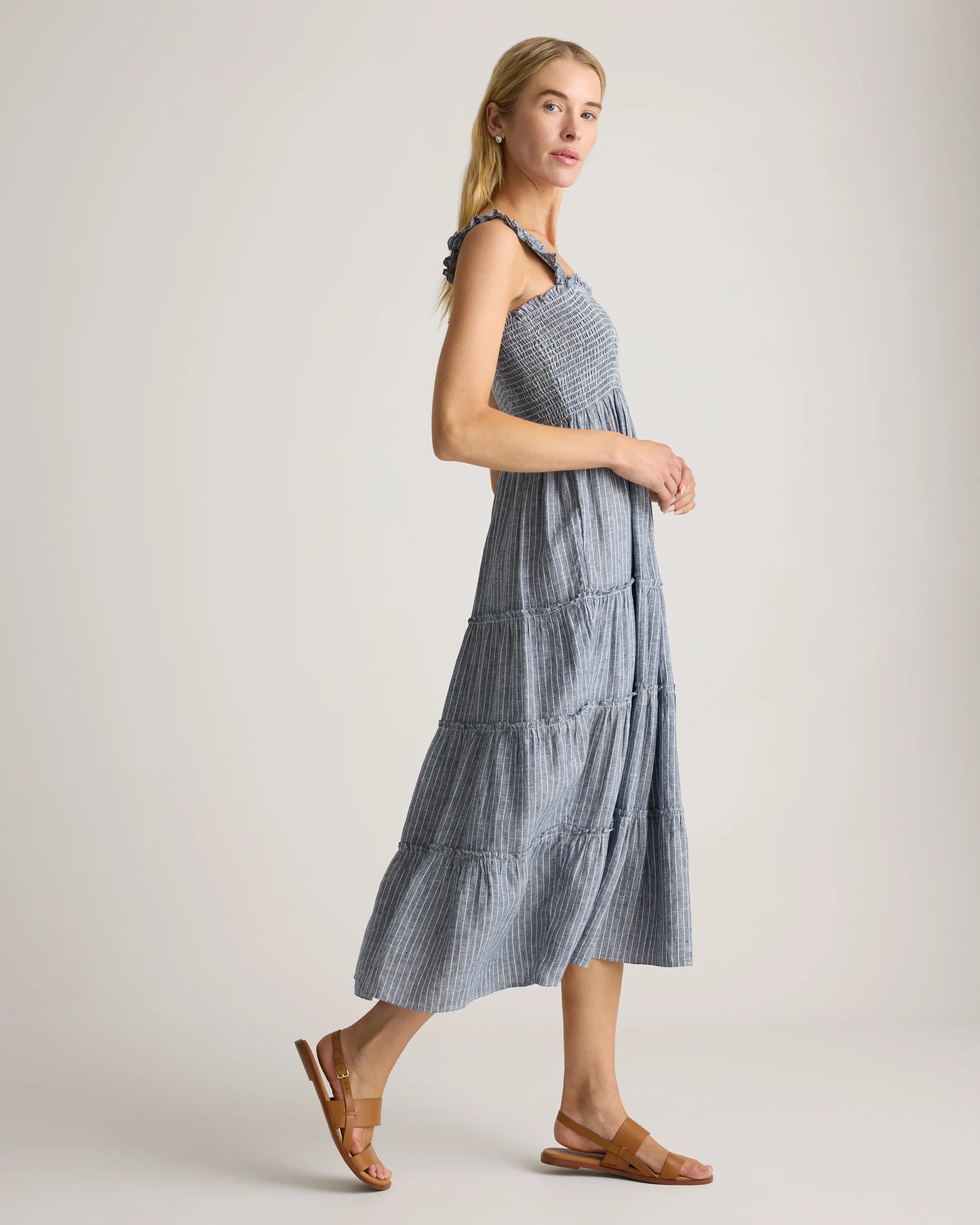100% European Linen Smocked Midi Dress - XS / Ivory Porcelain Blue Petite Floral