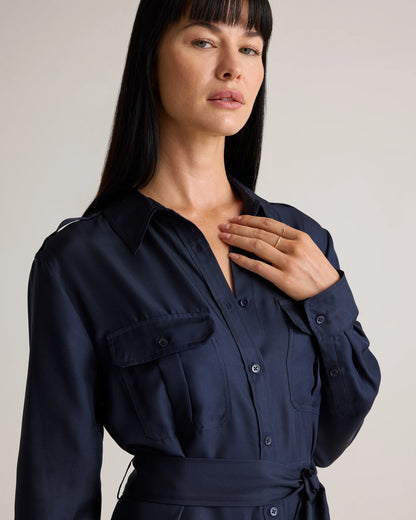 100% Silk Twill Utility Shirt Dress - XS / Hot Fudge