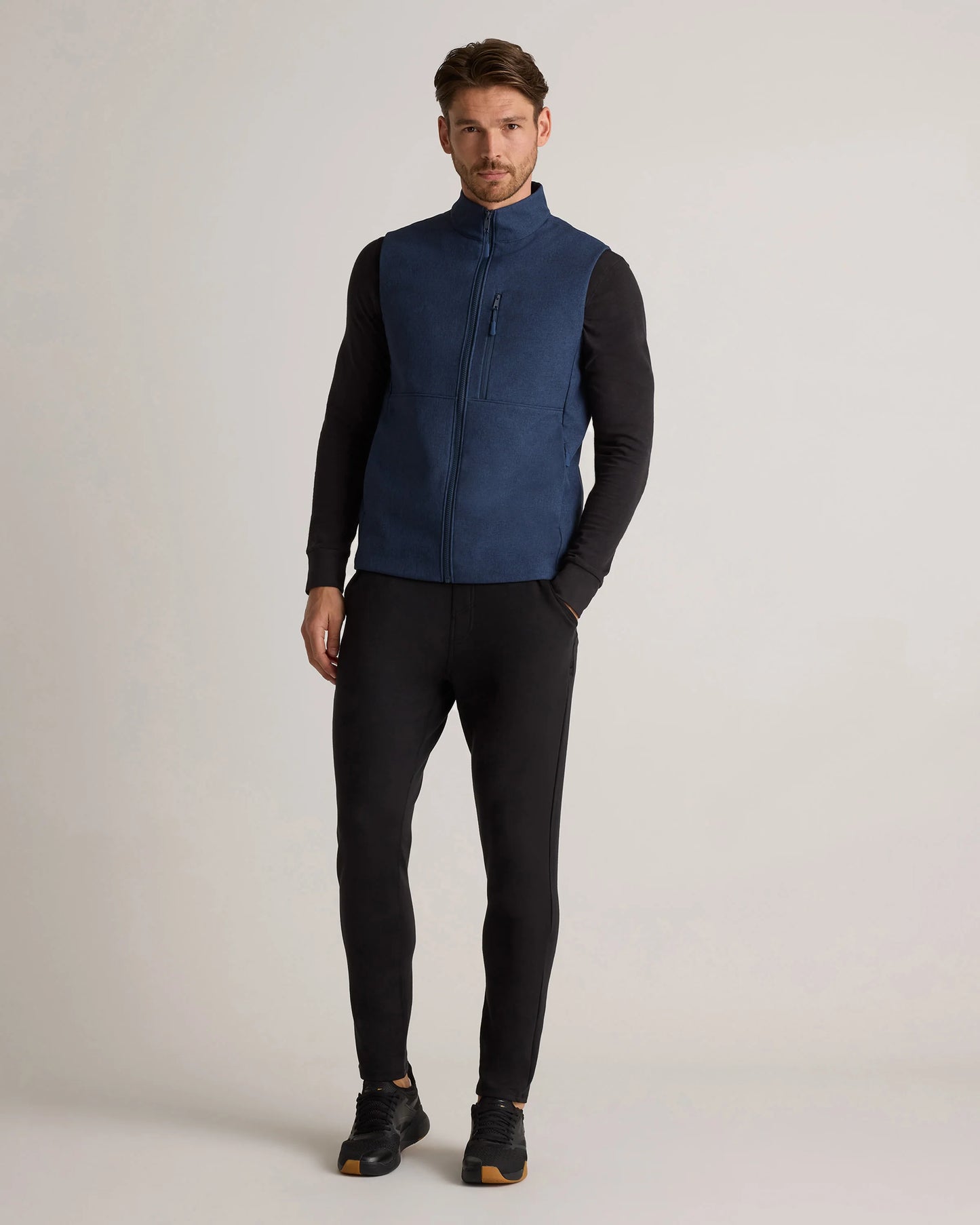 Softshell Fleece-Lined Full-Zip Vest - S / Heather Deep Navy