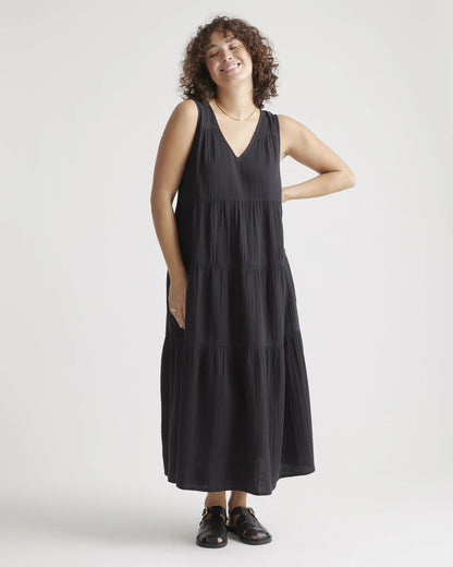 100% Organic Cotton Gauze Tiered Maxi Dress - XS / Indigo Blue