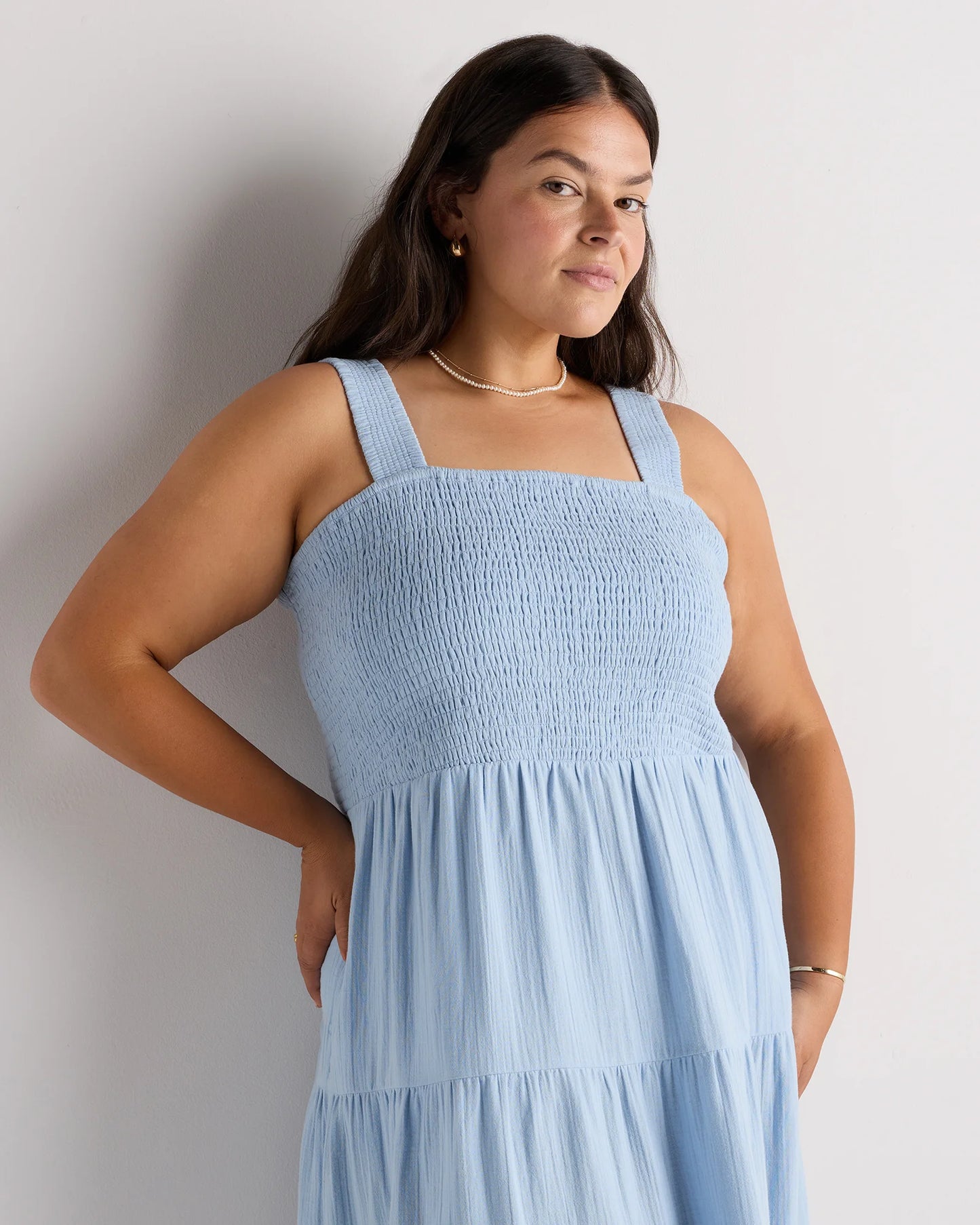100% Organic Cotton Gauze Smocked Sleeveless Maxi Dress - 1X / Ocean Breeze
