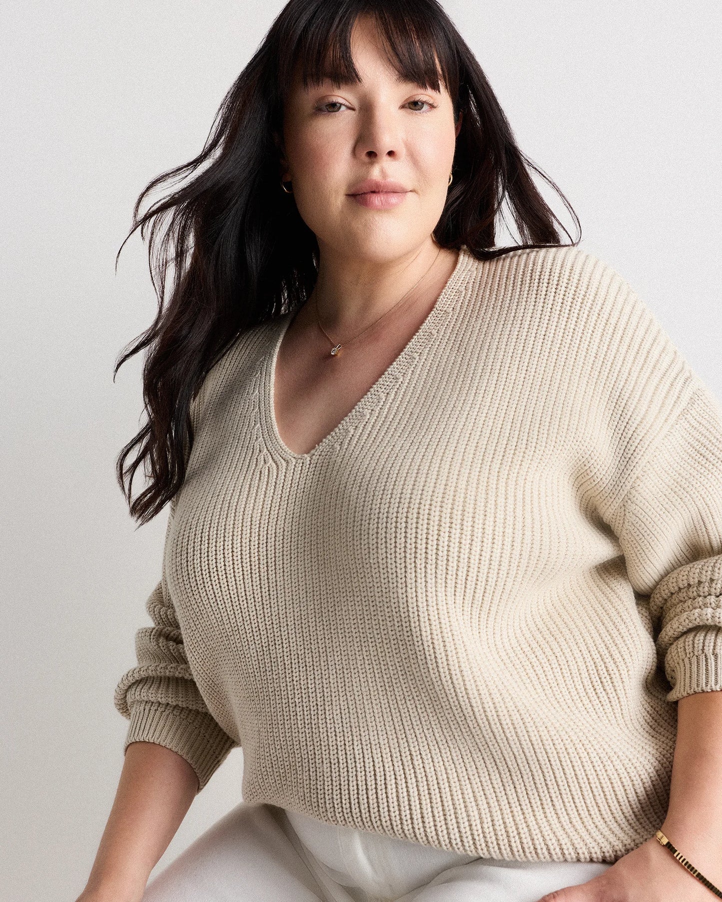 100% Organic Cotton Fisherman V-Neck Sweater - 1X / Speckled Beige