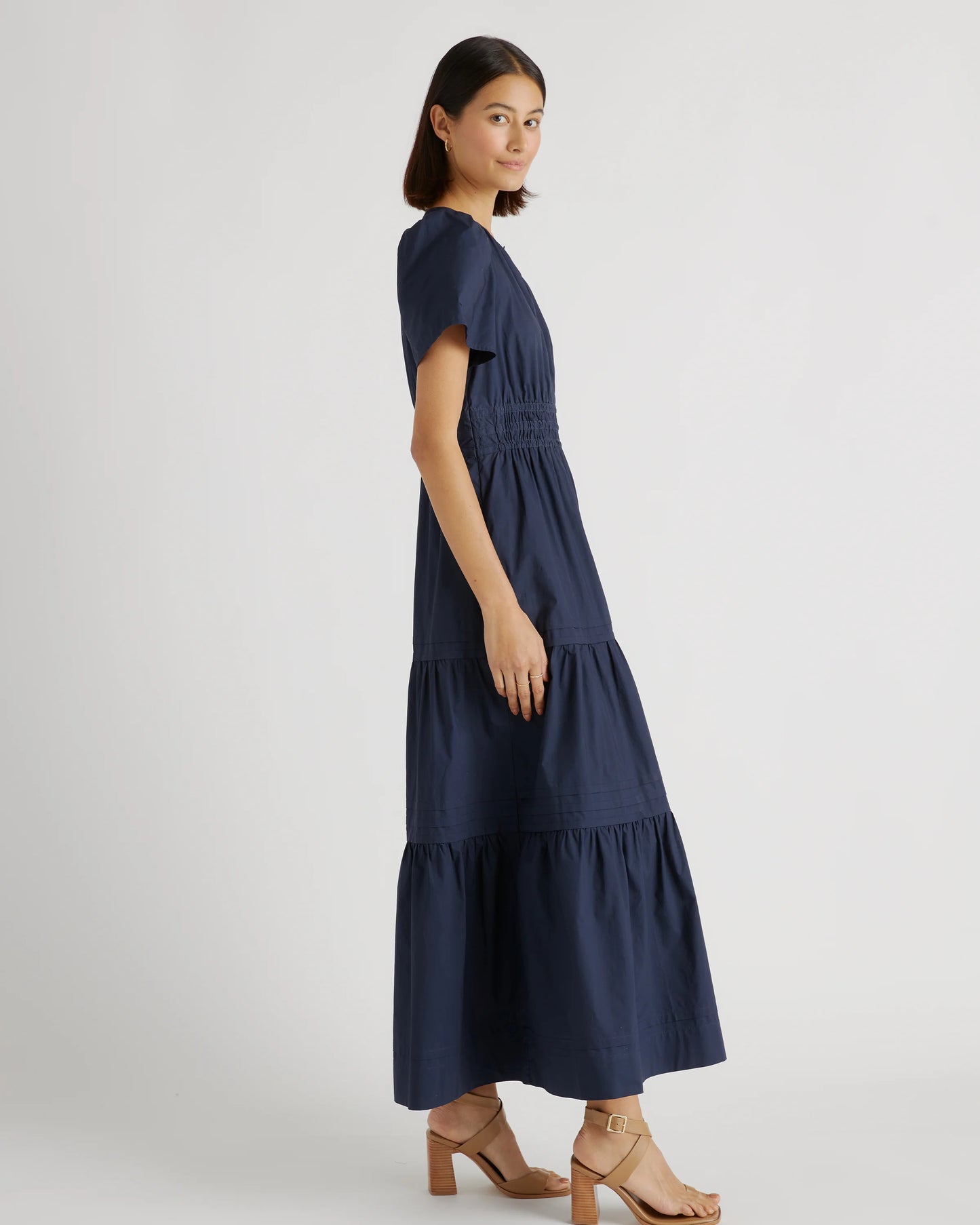 100% Organic Cotton Poplin Tiered Maxi Dress - XS / Navy