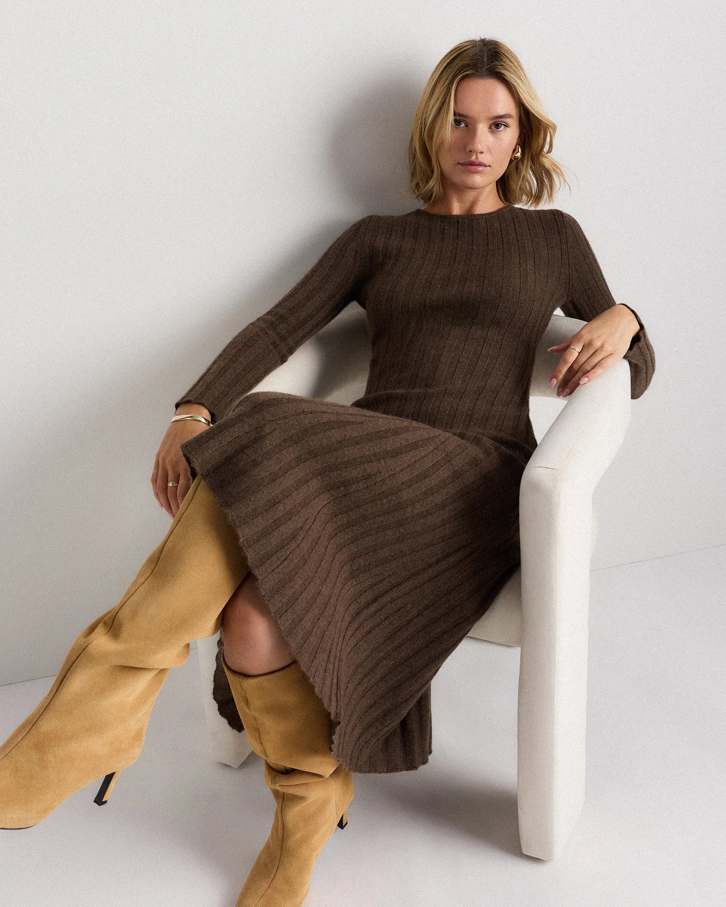 Mongolian Cashmere Wide-Rib Midi Dress - XS / Black