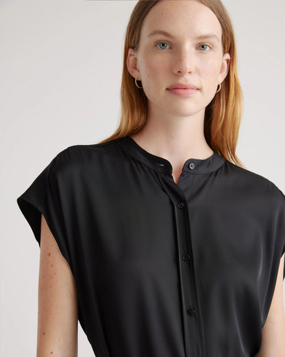 Washable Stretch Silk Midi Shirt Dress - XS / Black