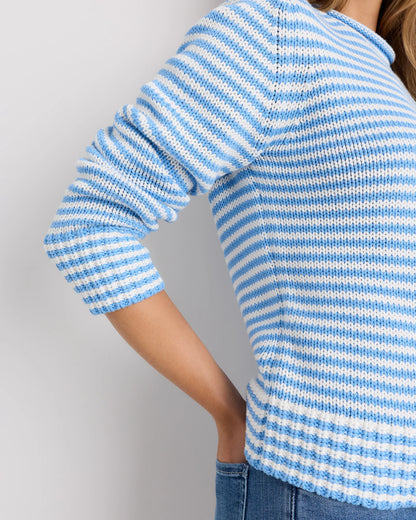 100% Organic Cotton Roll Neck Sweater - XS / Cornflower Mini Stripe