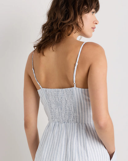 100% European Linen Scoop Neck Midi Dress - XS / Ivory Porcelain Blue Petite Floral