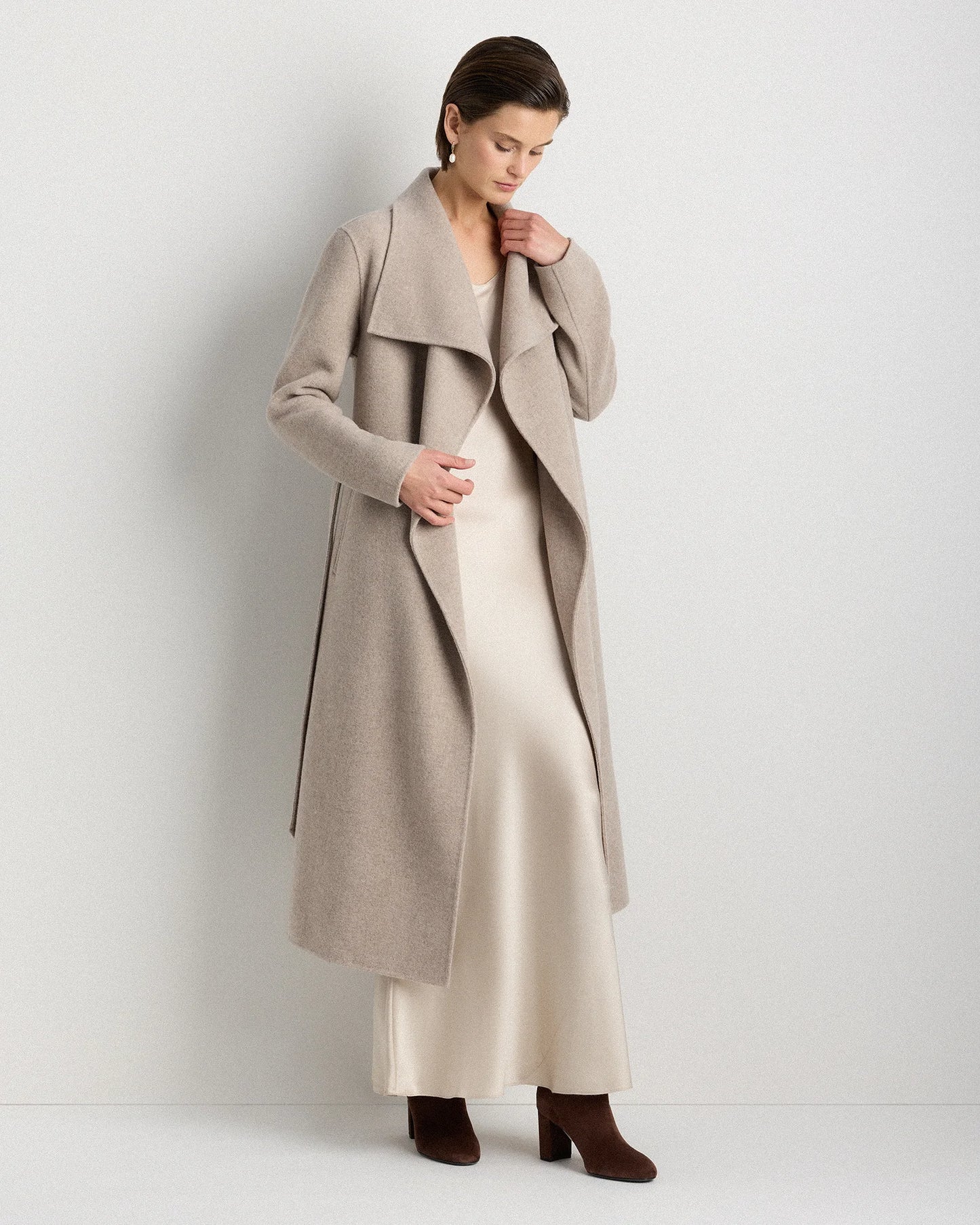 Double-Faced Merino Wool Draped Collar Wrap Coat - XS / Oat