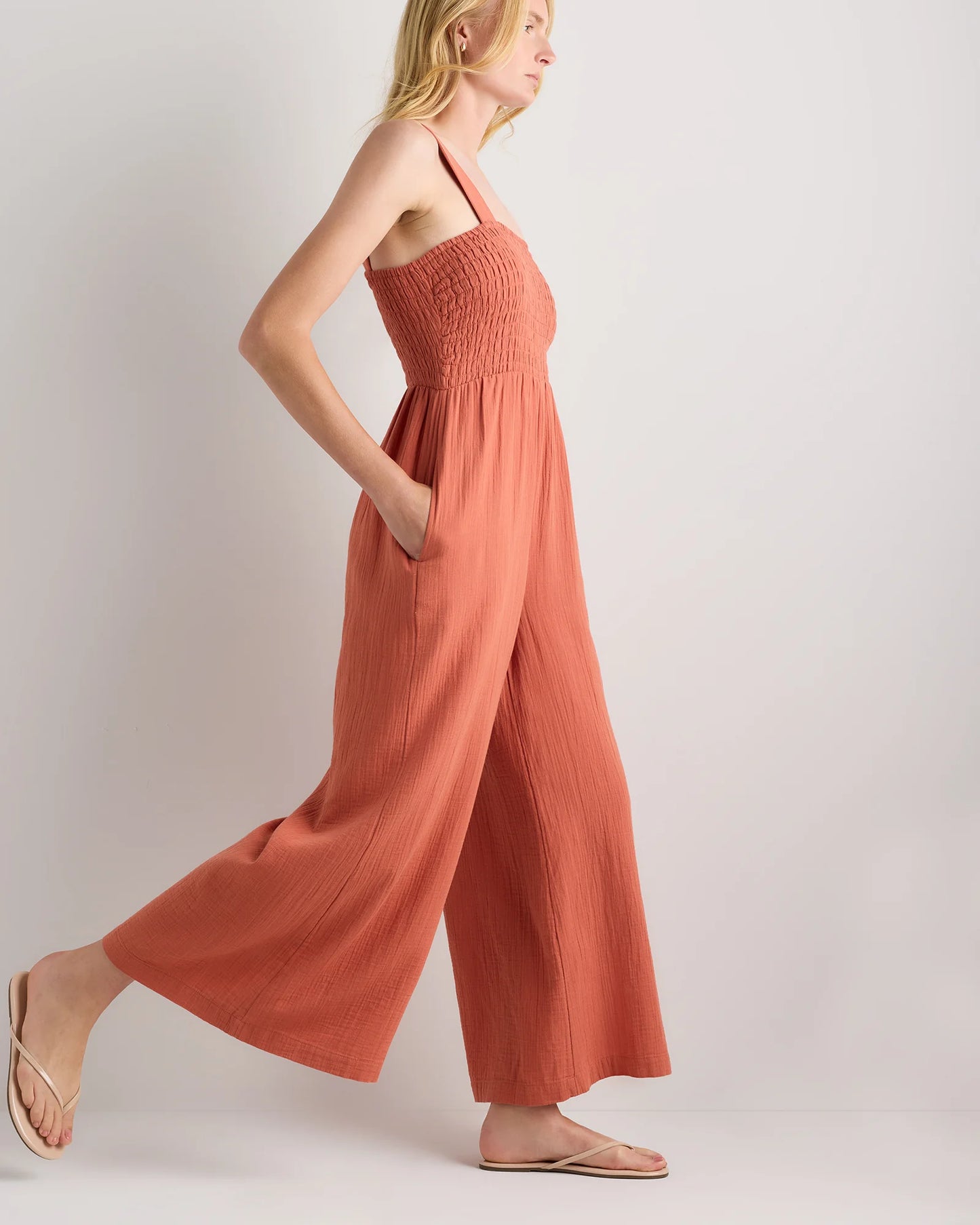 100% Organic Cotton Gauze Smocked Wide Leg Jumpsuit - XS / Spiced Orange