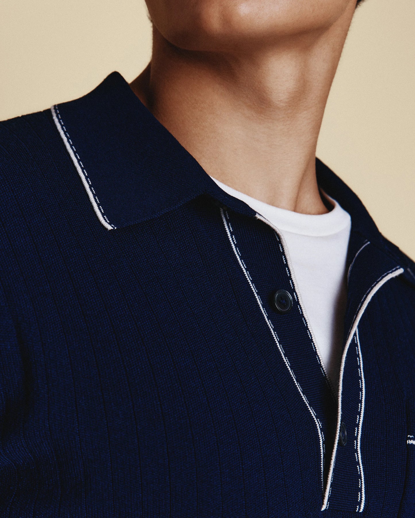 Organic Cotton-Silk Tipped Polo Sweater - S / Navy/Ivory