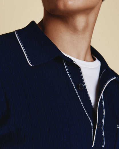 Organic Cotton-Silk Tipped Polo Sweater - S / Navy/Ivory