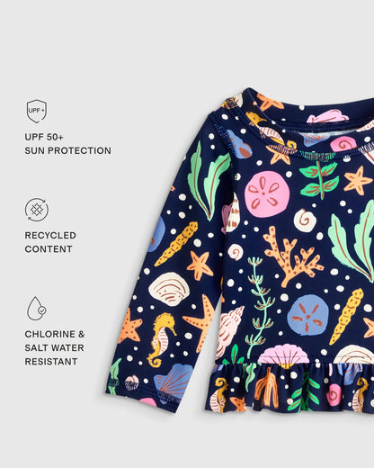 Long Sleeve Ruffle Rash Guard Two-Piece Swimsuit - 6-9M / Poolside Floral