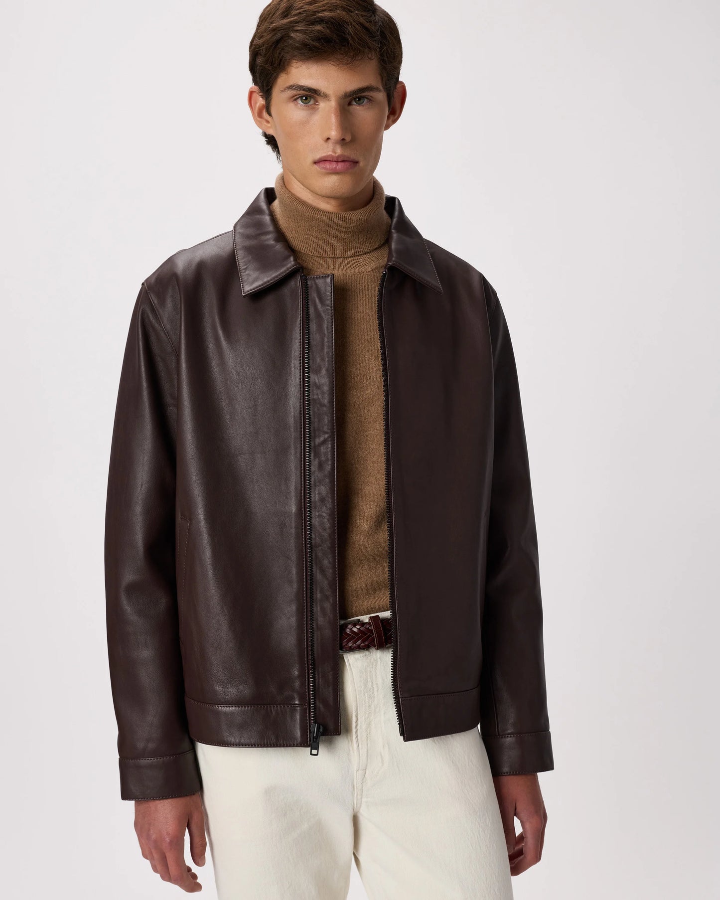 100% Leather Harrington Jacket - S / Dark Cognac Brown