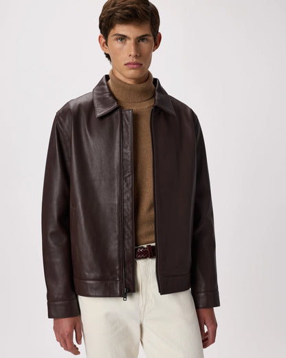 100% Leather Harrington Jacket - S / Dark Cognac Brown
