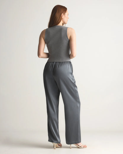 100% Washable Silk Drawstring Wide Leg Pants - XS / Champagne