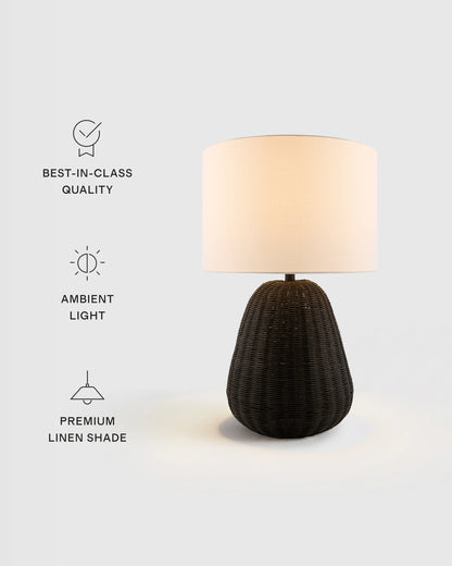Natural Rattan Table Lamp with Linen Shade - One Size / Light Brown