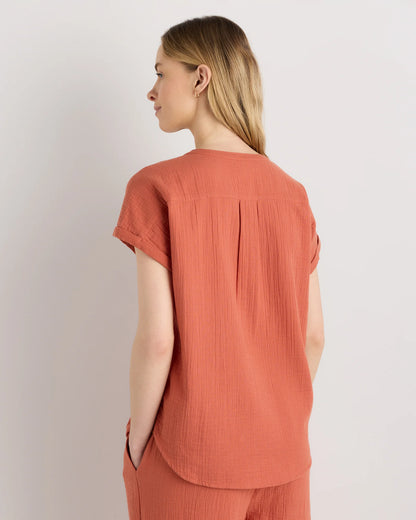 100% Organic Cotton Gauze Roll Sleeve Shirt - XS / Spiced Orange