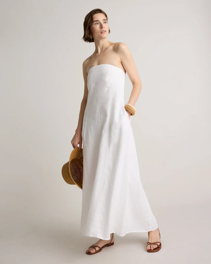 100% European Linen Strapless Maxi Dress - XS / Brick Red Heirloom Floral