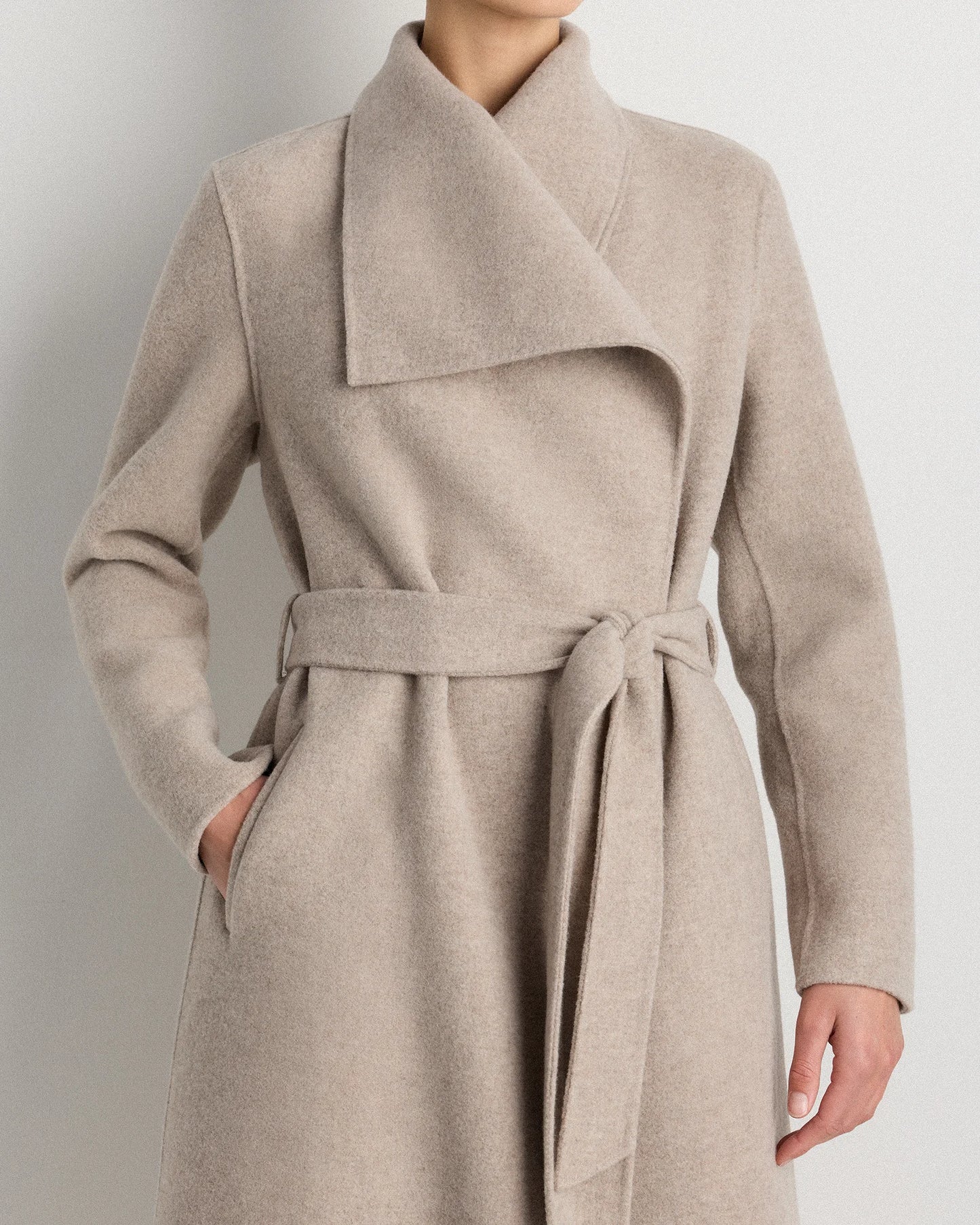 Double-Faced Merino Wool Draped Collar Wrap Coat - XS / Oat