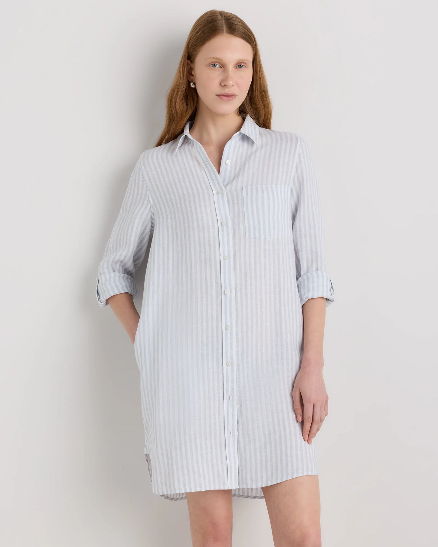 100% European Linen Shirt Dress - XS / Sky Blue Mariner Stripe