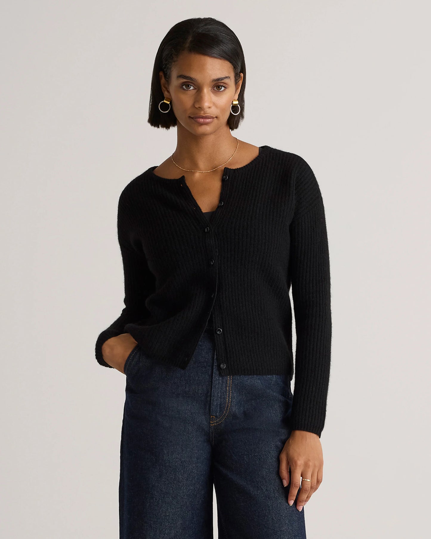 100% Yak Soft Rib Crew Cardigan - XS / Black