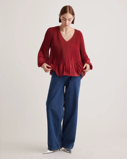 Chiffon Pleated V-Neck Blouse - XS / Bright Burgundy