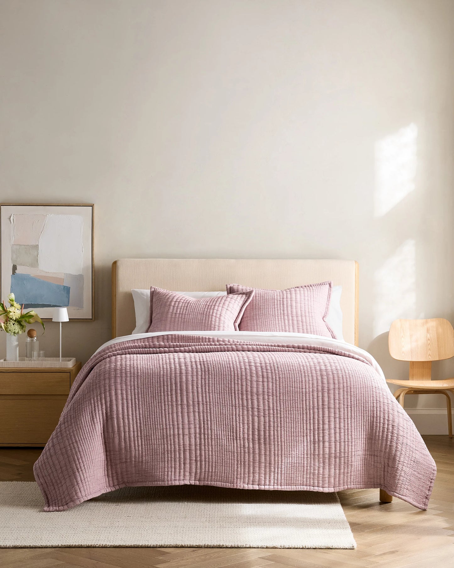 Organic Cotton Channel Stitch Coverlet Set - Twin / Coral Pink