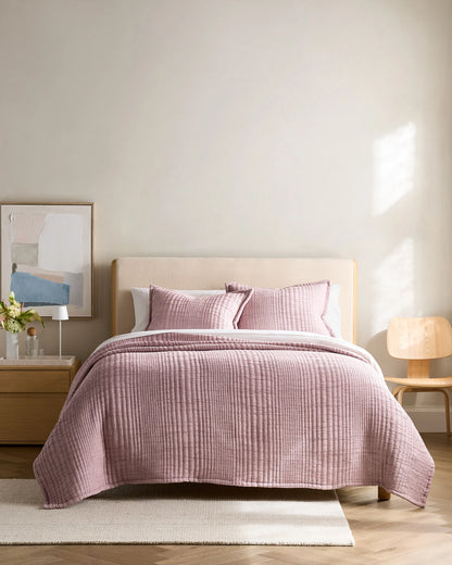 Organic Cotton Channel Stitch Coverlet Set - Twin / Coral Pink