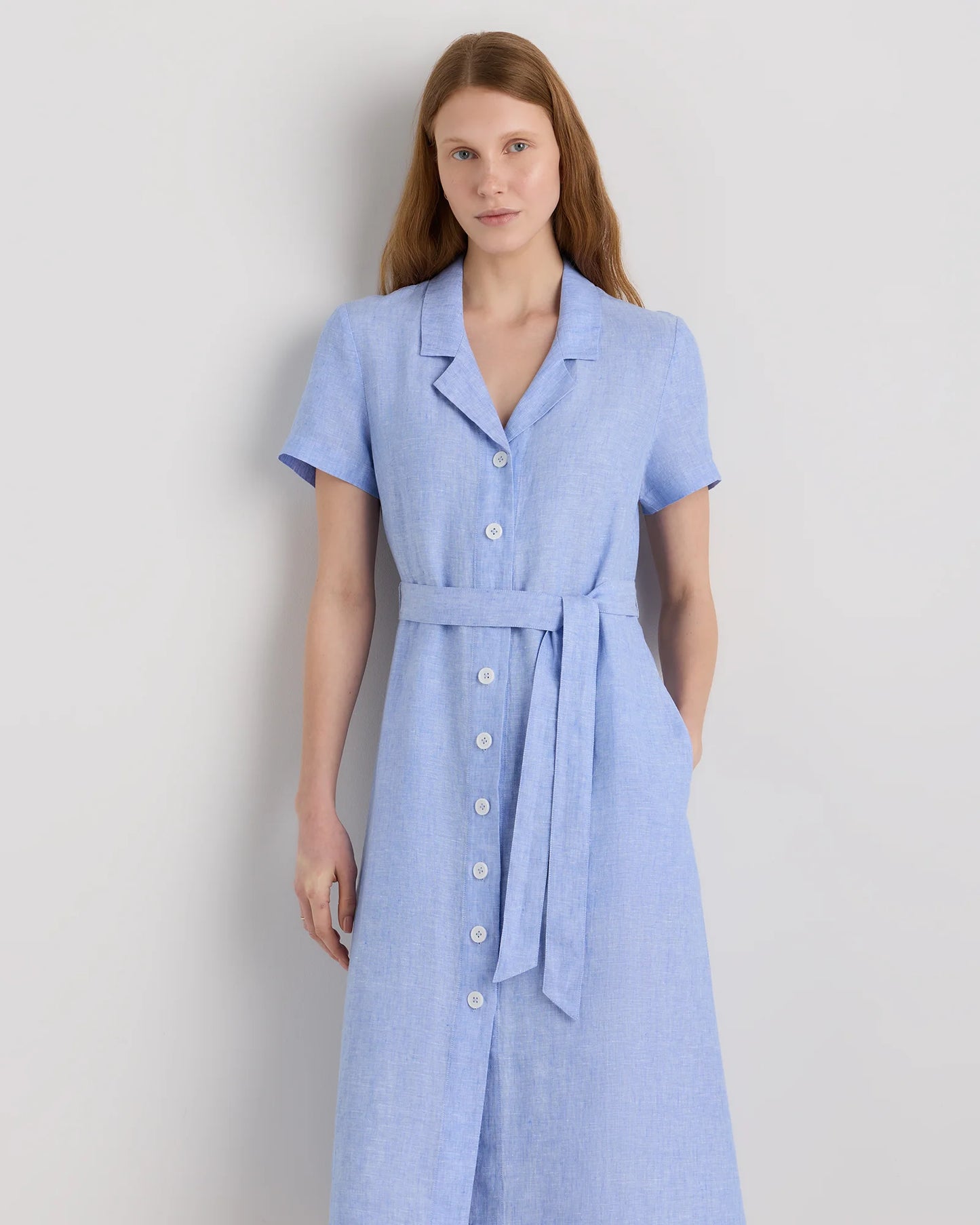 100% European Linen Button Front Dress - XS / Sky Blue Mariner Stripe