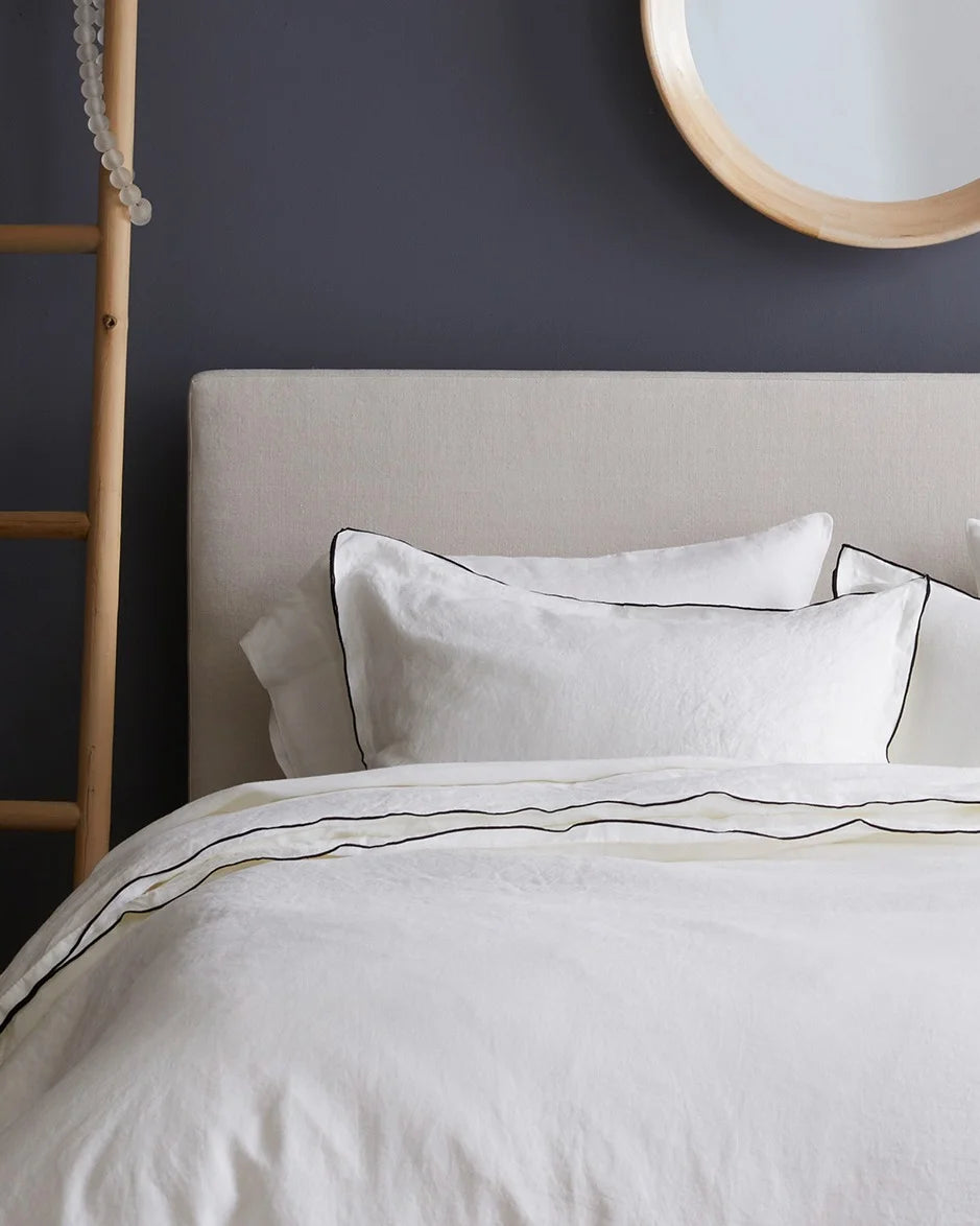 European Linen Double Embroidered Edge Duvet Cover - Twin / White with Black Embroidery