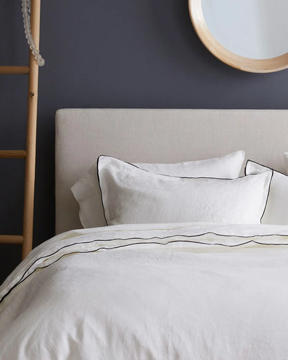 European Linen Double Embroidered Edge Duvet Cover - Twin / White with Black Embroidery