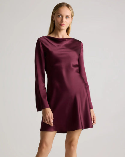 100% Washable Silk Long Sleeve Mini Dress - XS / Wine Tasting Red