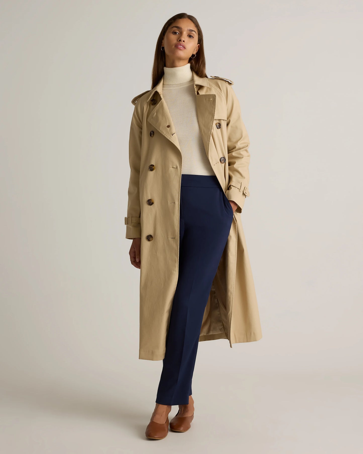 Comfort Stretch Long Trench Coat - XS / Dark Khaki
