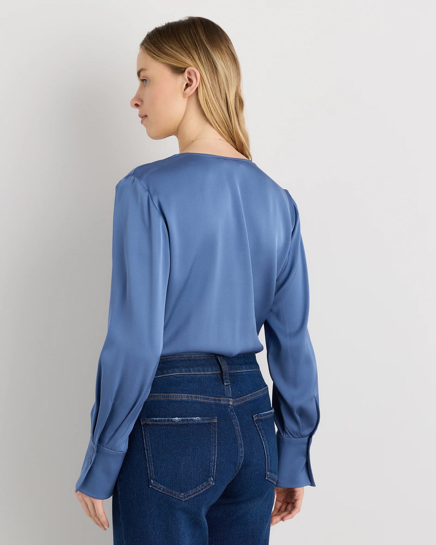 Washable Stretch Silk Surplice Bodysuit - XS / Moonstone Blue