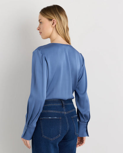Washable Stretch Silk Surplice Bodysuit - XS / Moonstone Blue