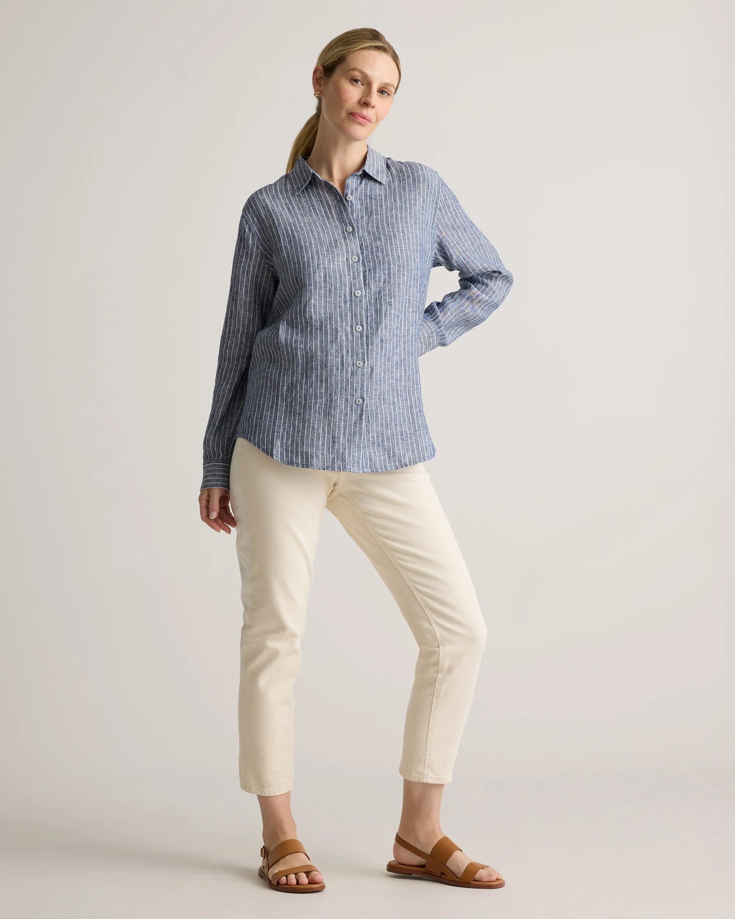 100% European Linen Maternity Long Sleeve Shirt - XS / Blue Pinstripe