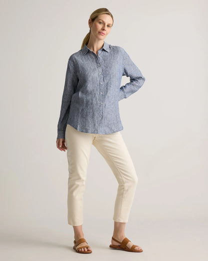 100% European Linen Maternity Long Sleeve Shirt - XS / Blue Pinstripe