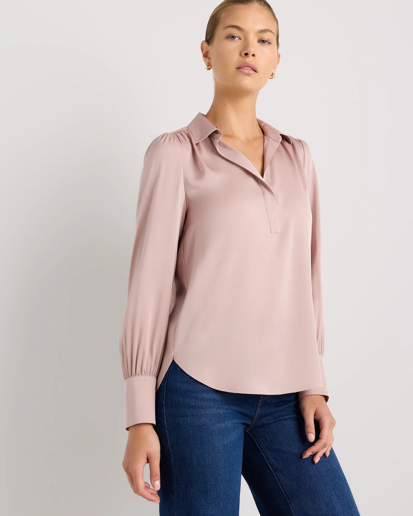 Washable Stretch Silk Split Neck Blouse - XS / Forest Green