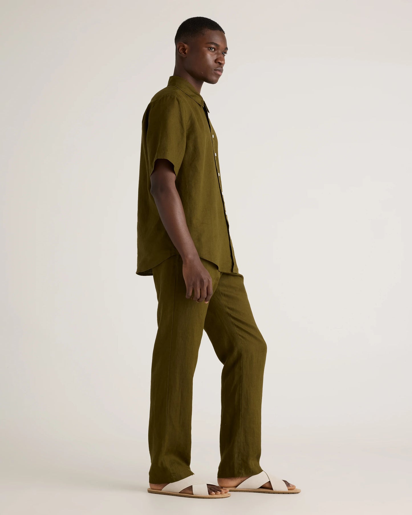 100% European Linen Relaxed Short Sleeve Shirt - XS / Taupe Brown Chambray