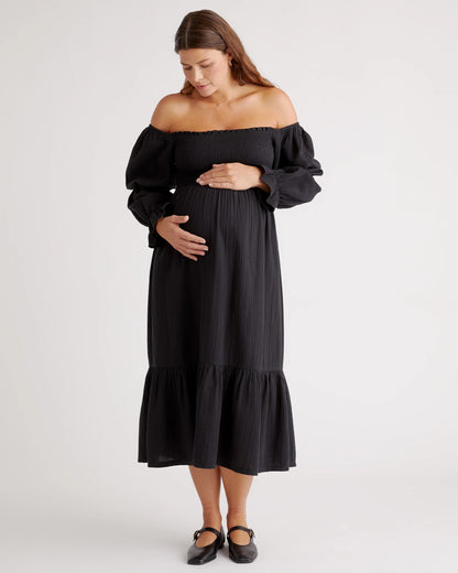 100% Organic Cotton Gauze Maternity Smocked Midi Dress - XS / Wild Cherry