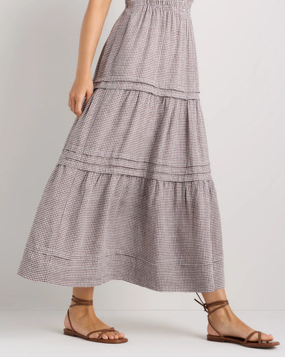 100% European Linen Tiered Maxi Dress - XS / Ivory Porcelain Blue Petite Floral