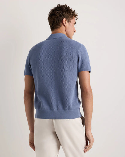 100% Organic Cotton Mesh-Stitch Button-Up Sweater Polo - XS / Speckled Beige