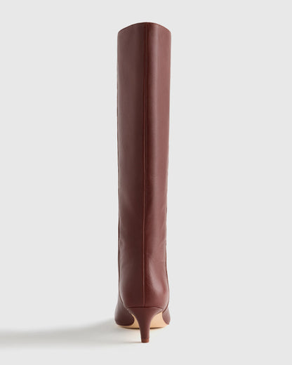 Italian Leather Tall Kitten Heel Boots - 5 / Espresso Brown