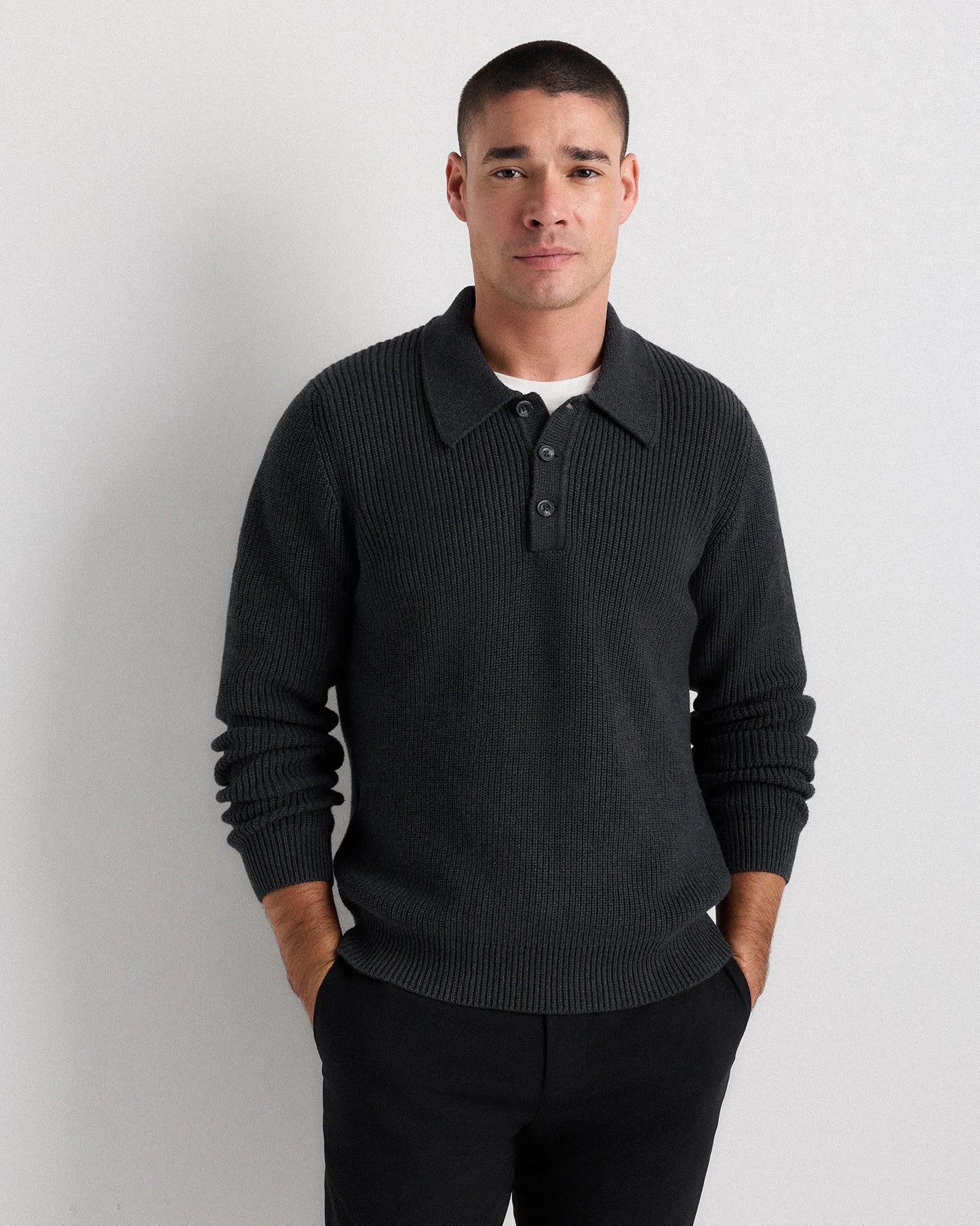 100% Organic Cotton Ribbed Polo Sweater - XS / Mid Heather Grey