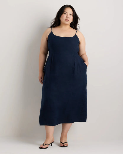 100% European Linen Scoop Neck Midi Dress - 1X / Deep Navy