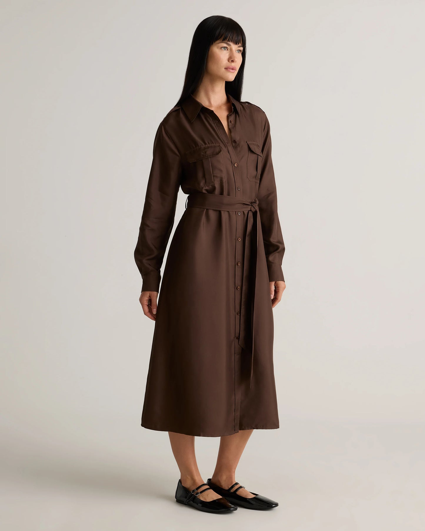 100% Silk Twill Utility Shirt Dress - XS / Hot Fudge