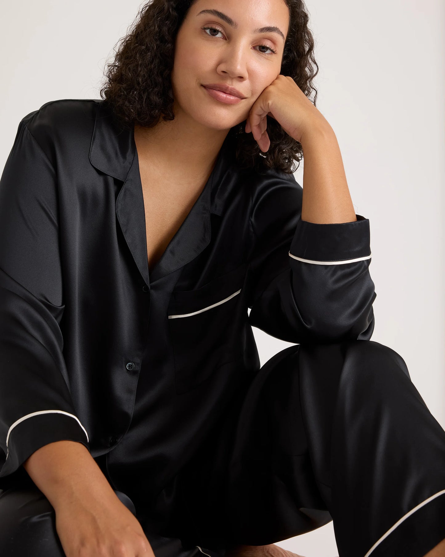100% Washable Silk Satin Pajama Long Sleeve Top - XS / Toasted Almond